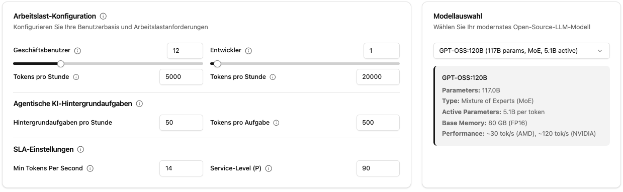 Workload-Konfiguration im LLM Hardware-Kostenrechner